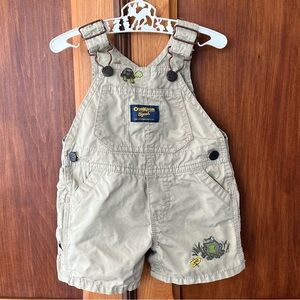 OshKosh B'gosh Baby Boy Y2K Tan Khaki Overalls Embroidered Frog and Turtle 3M